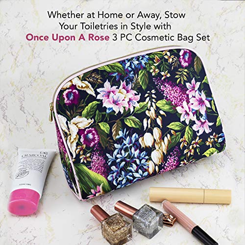 Once Upon A Rose 3 Pc Cosmetic Bag Set, Purse Size Makeup Bag for Women, Toiletry Travel Bag, Makeup Organizer, Cosmetic Bag for Girls Zippered Pouch Set, Large, Medium, Small (Forest Floral)