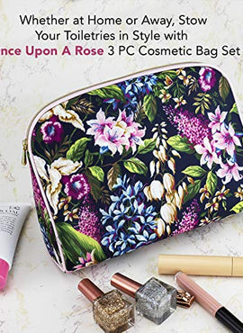 Once Upon A Rose 3 Pc Cosmetic Bag Set, Purse Size Makeup Bag for Women, Toiletry Travel Bag, Makeup Organizer, Cosmetic Bag for Girls Zippered Pouch Set, Large, Medium, Small (Forest Floral)