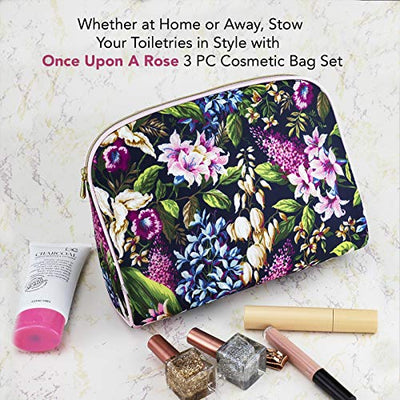 Once Upon A Rose 3 Pc Cosmetic Bag Set, Purse Size Makeup Bag for Women, Toiletry Travel Bag, Makeup Organizer, Cosmetic Bag for Girls Zippered Pouch Set, Large, Medium, Small (Forest Floral)
