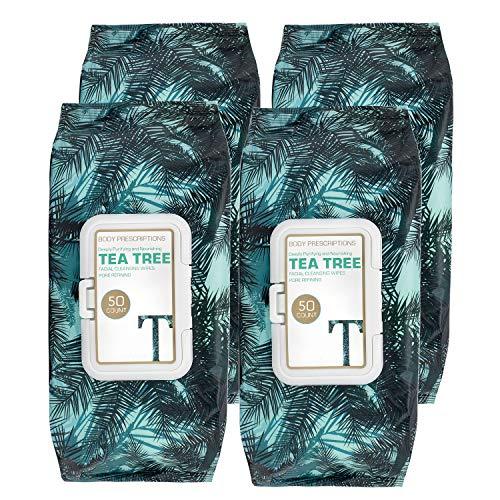 Body Prescriptions 4 Pack (50 Count Each) Tea Tree Facial Cleansing and Gentle Make Up Remover Wipes Flip Top Pack