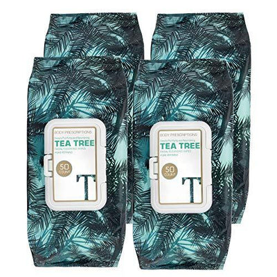 Body Prescriptions 4 Pack (50 Count Each) Tea Tree Facial Cleansing and Gentle Make Up Remover Wipes Flip Top Pack