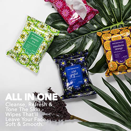 Body Prescriptions Makeup Remover Wipes Bulk, 4 Pack, 120 Facial Cleansing Cloths Removes Makeup, Mascara, Dirt and Oil (Pink Grapefruit, Mandarin Orange, Jasmine Tea and Wild Orchid)