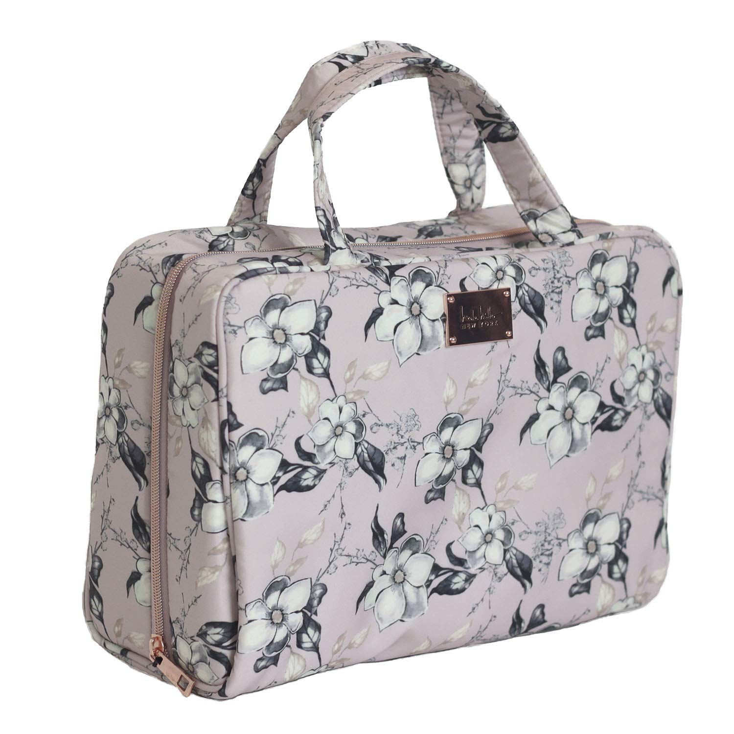 Nicole Miller Makeup Bag, Travel and Toiletry Bag, Large Cosmetic Bag with Zippered, Transparent Pockets and Handles, Foldable Makeup Bag for Home and Travel (Pale Pink Flower Print)