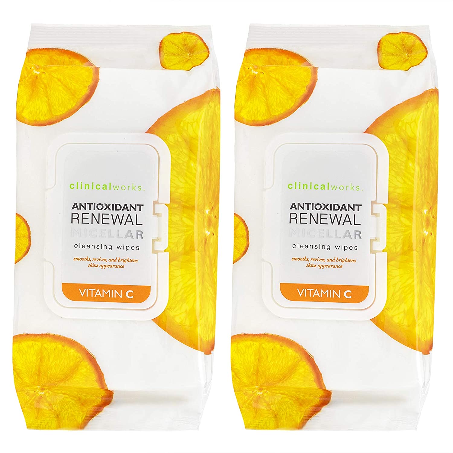 Clinical Works - 2 Pack (60 Count Each) Vitamin C Antioxidant Micellar Cleansing Wipes