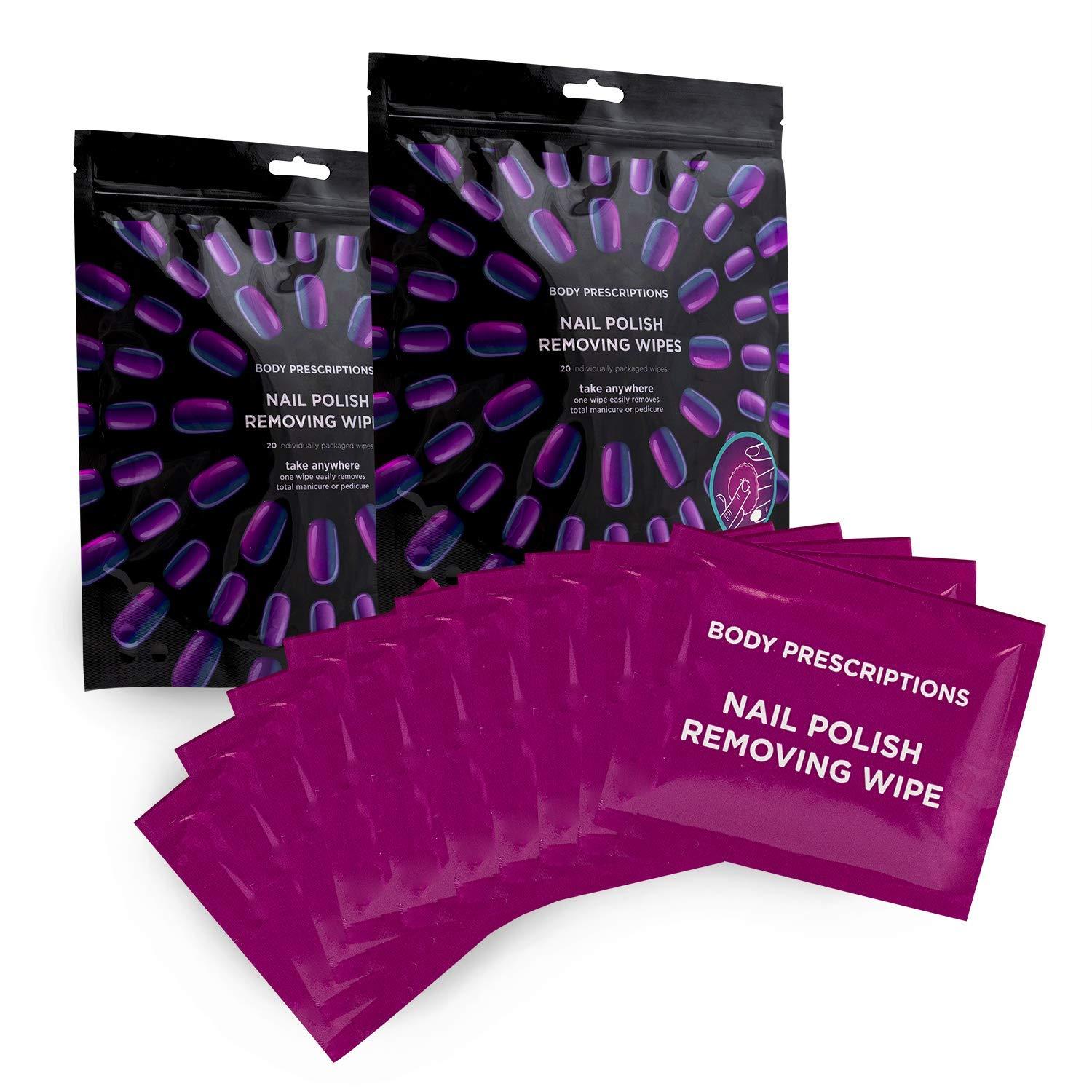 2 Purple Packs of Nail Polish Remover Wipes in Purple Packaging by Body Prescriptions