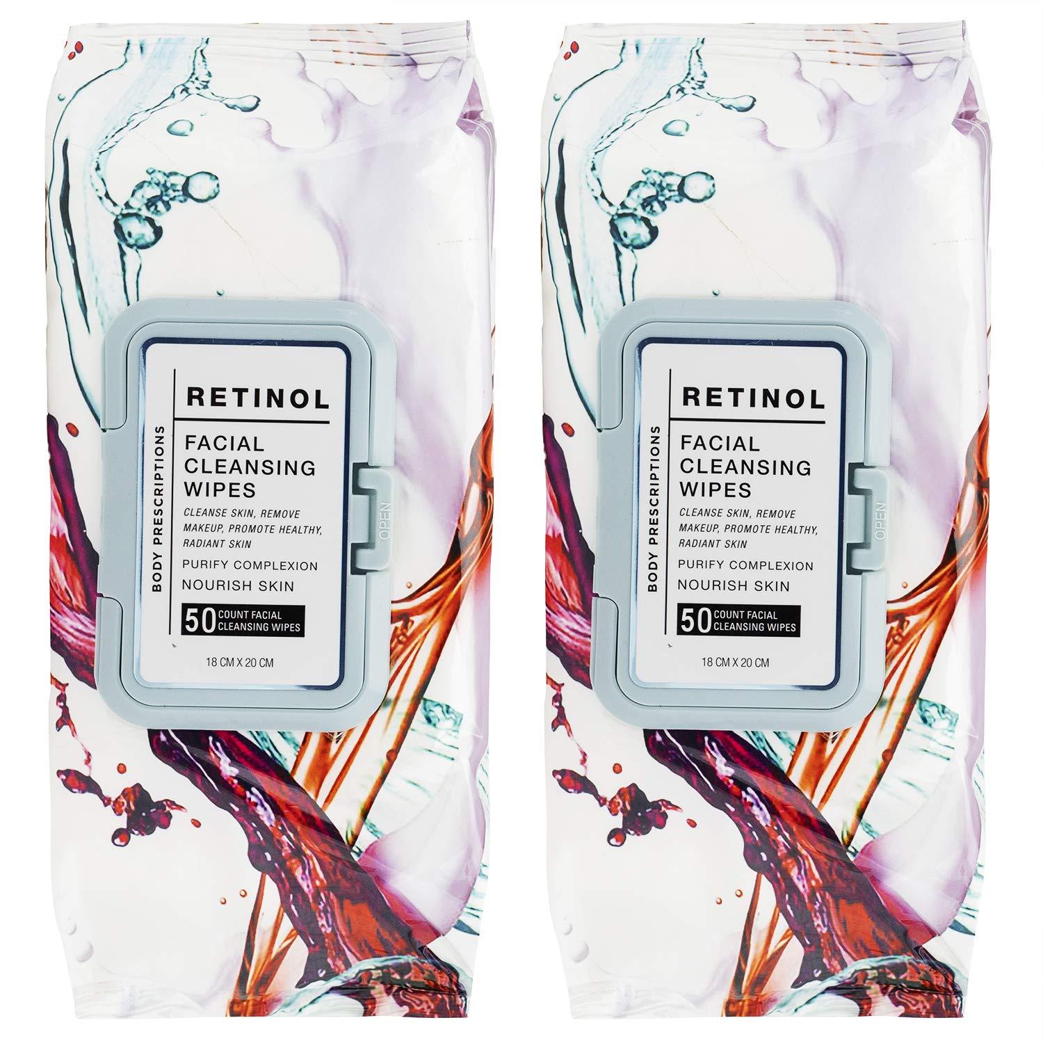 Body Prescriptions 2 Pack (50 Count Each) Retinol Facial Cleansing and Gentle Make Up Remover Wipes
