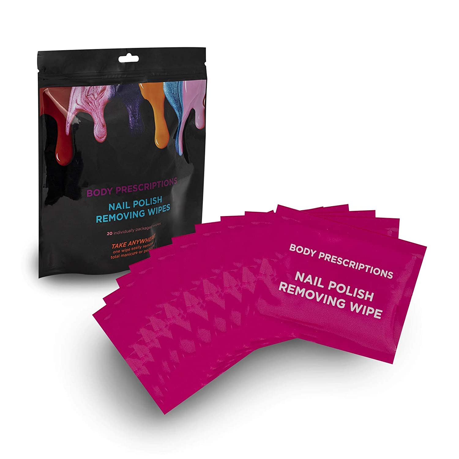 2 Purple Packs of Nail Polish Remover Wipes in Black Packaging by Body Prescriptions
