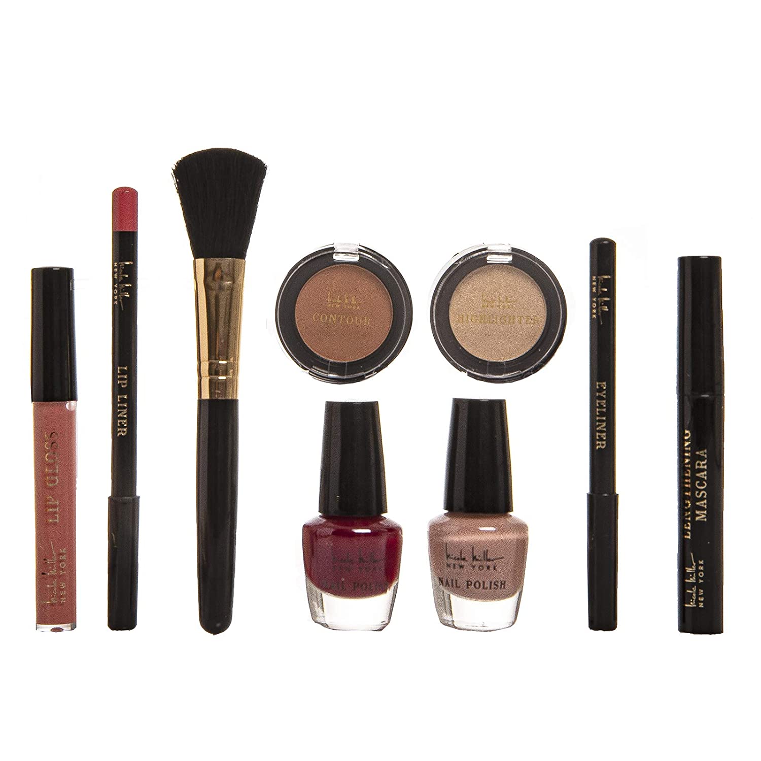Nicole Miller Makeup Collection- Makeup Set with Lipstick, Eyeliner, Mascara, Nail Polish, Contour, and Highlighter