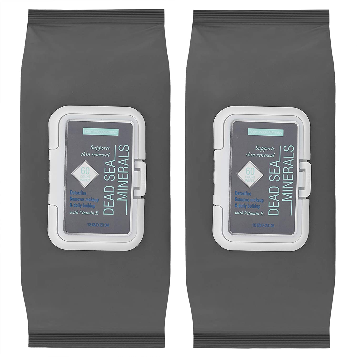 Body Prescriptions 2 Pack (60 Count Each) Dead Sea Minerals + Aloe Detoxifying and Moisturizing Facial Cleansing and Gentle Make Up Remover Wipes Flip Top Pack