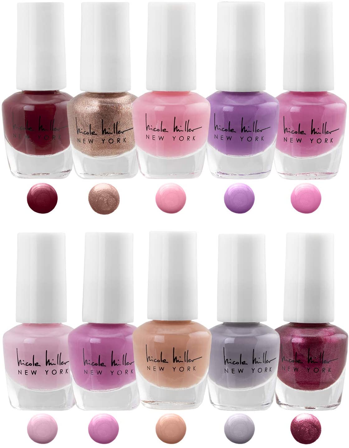 Nicole Miller Nail Polish Set, 10 Mini Nail Polish Colors, Polish Kit for Fingernails and Toenails, 0.12 Fl Oz Each