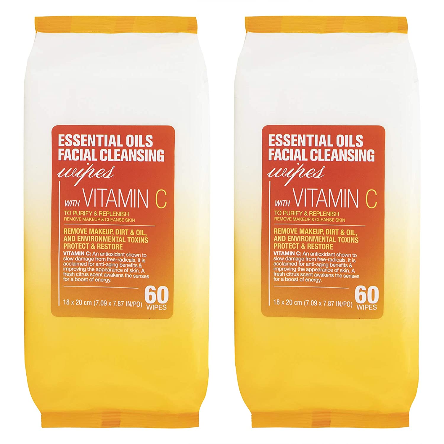 Essential Oils - 2 Pack (60 Count Each) Vitamin C Facial Cleansing Wipes