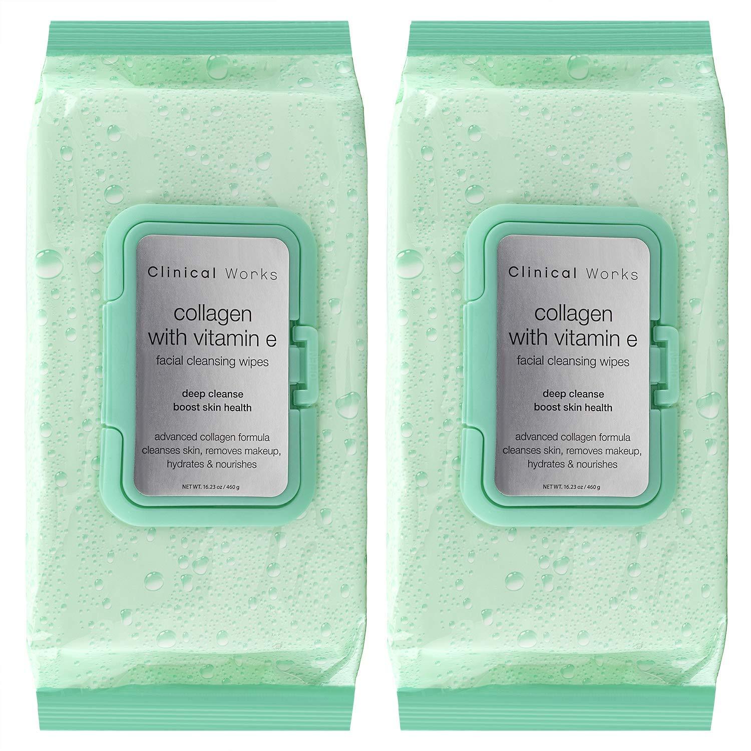 Clinical Works Facial Cleansing Wipes, 120 Count, 2 Packs of 60 Face Wipes Each, Collagen with Vitamin E Makeup Remover Wipes, Flip Top Pack