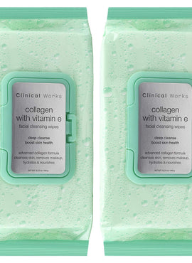 Clinical Works Facial Cleansing Wipes, 120 Count, 2 Packs of 60 Face Wipes Each, Collagen with Vitamin E Makeup Remover Wipes, Flip Top Pack