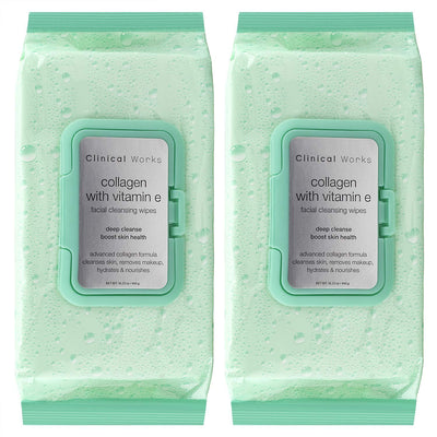 Clinical Works Facial Cleansing Wipes, 120 Count, 2 Packs of 60 Face Wipes Each, Collagen with Vitamin E Makeup Remover Wipes, Flip Top Pack