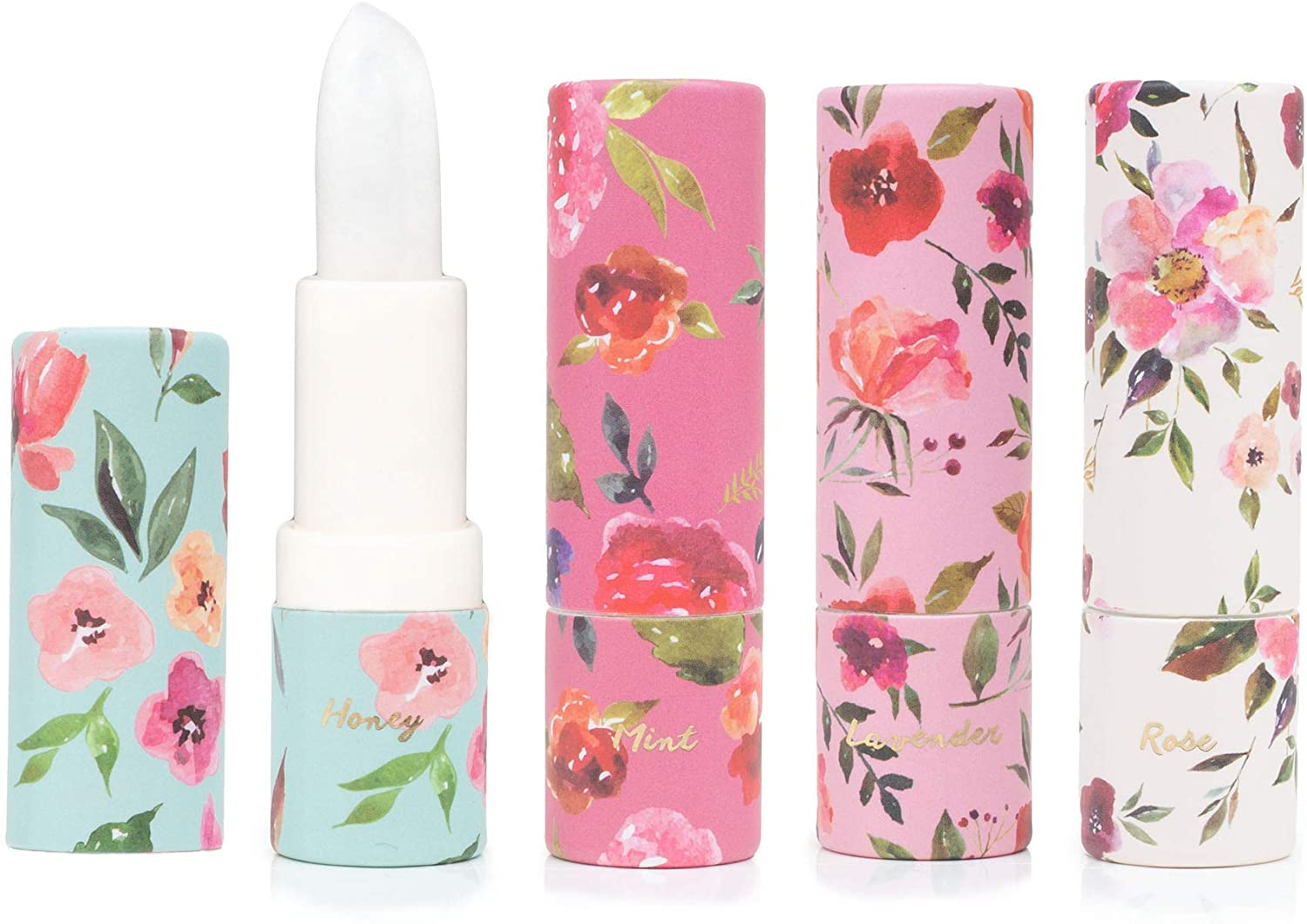 4 Piece Moisturizing Lip Balm in Rose, Lavender, Honey & Mint Collection by Beauty Concepts