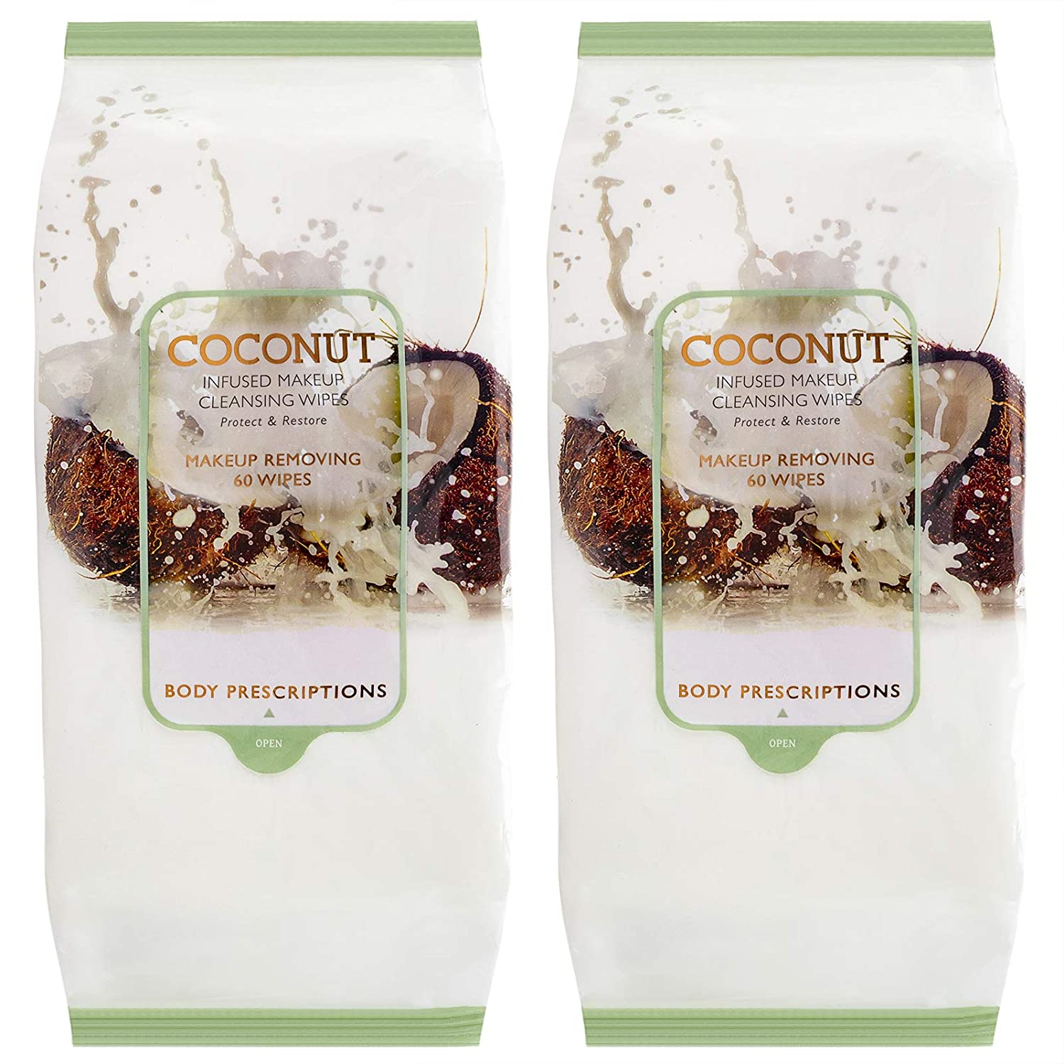 Body Prescriptions - 2 Pack (60 Count Each) Coconut Facial Cleansing Wipes