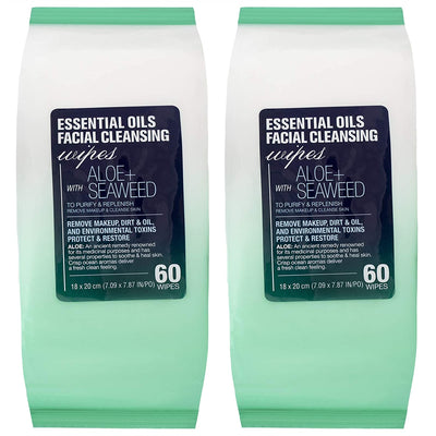 Essential Oils - 2 Pack (60 Count Each) Aloe and Seaweed Facial Cleansing Wipes