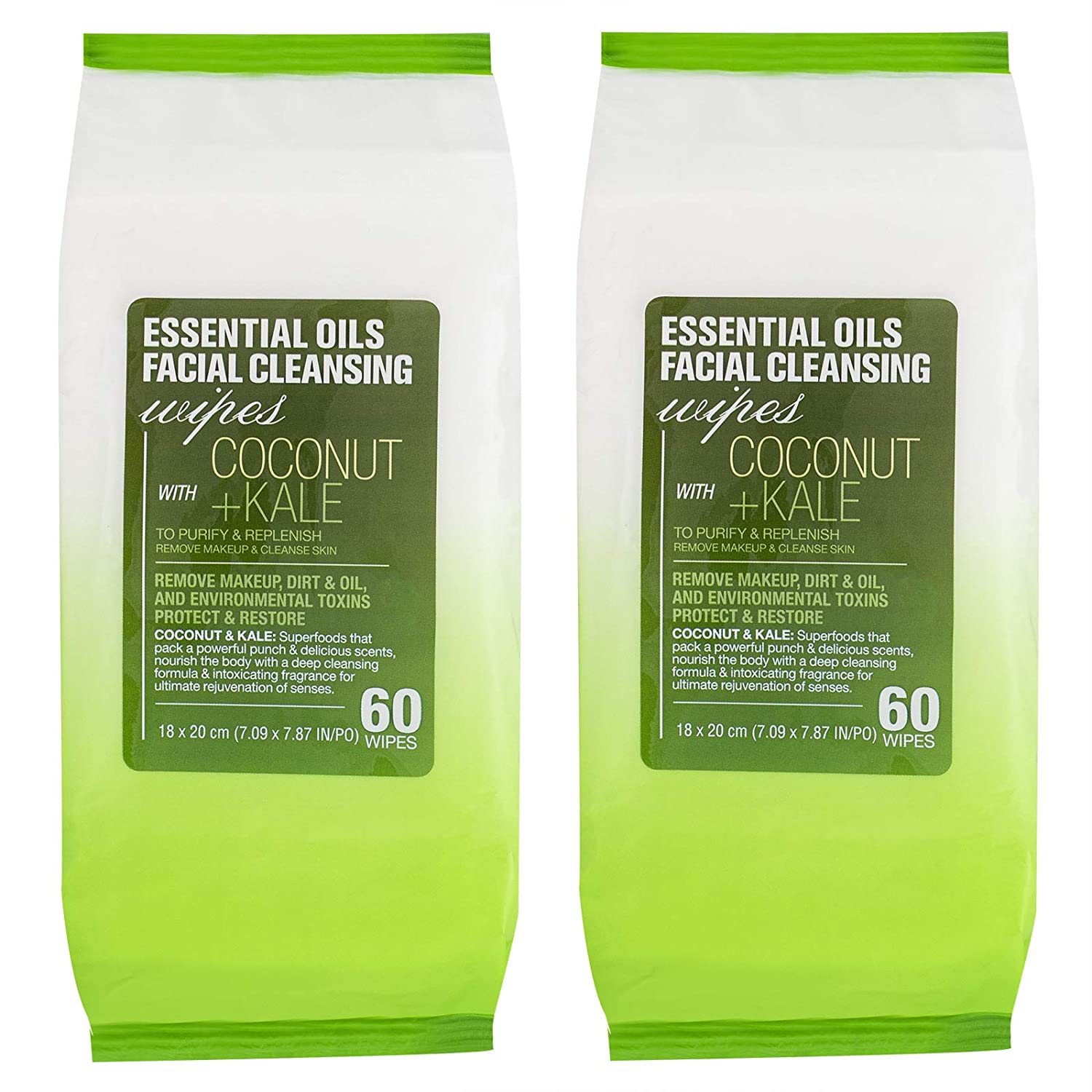 Essential Oils - 2 Pack (60 Count Each) Coconut and Kale Facial Cleansing Wipes