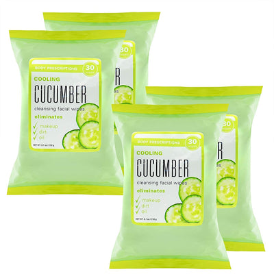 Body Prescriptions Face Wipes & Makeup Remover Wipes - 4 Pack (30 Count Each) of Gentle Facial Towelettes (Cooling Cucumber)