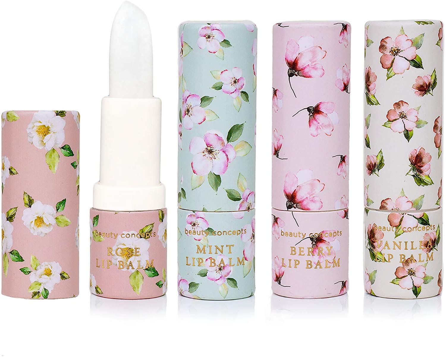 Live Green 4 Pc Lip Balm Collection, Lip Softening Gift Set (Mint, Berry, Rose and Vanilla)