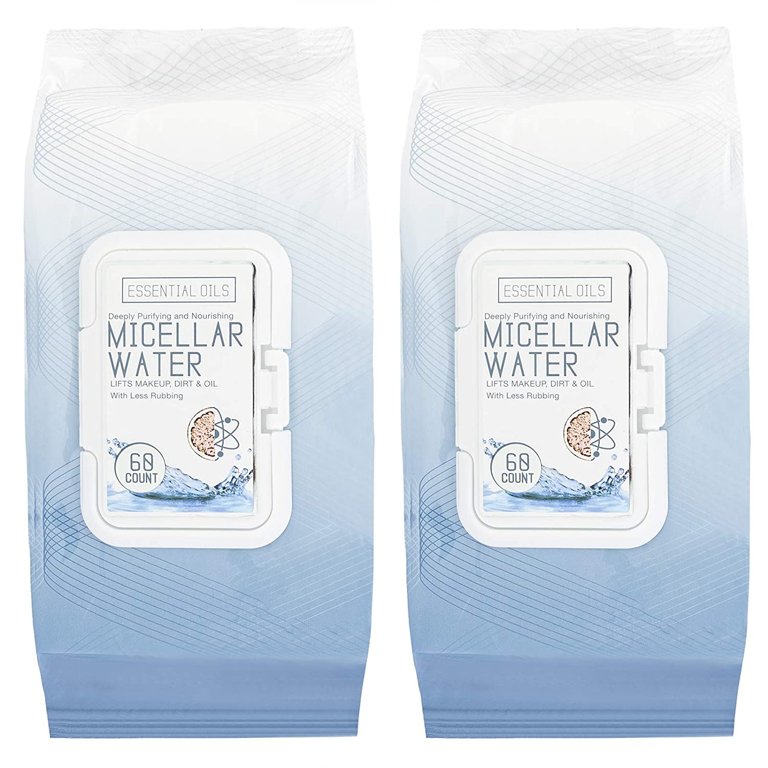 Essential Oils - 2 Pack (60 Count Each) Micellar Water Makeup Remover Facial Wipes