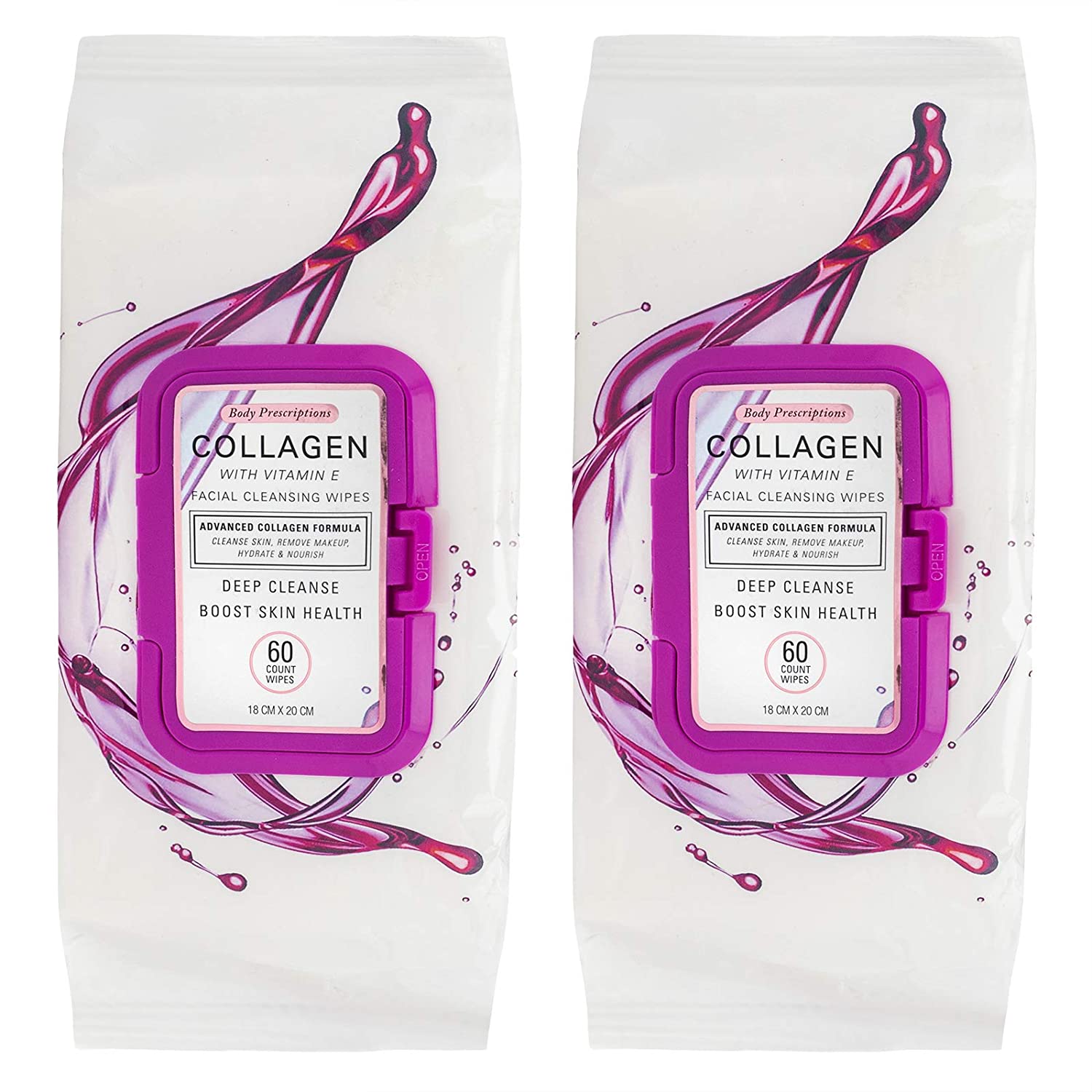 Body Prescriptions 2 Pack (60 Count Each) Collagen with Vitamin E Facial Cleansing and Make Up Remover Wipes Flip Top Pack