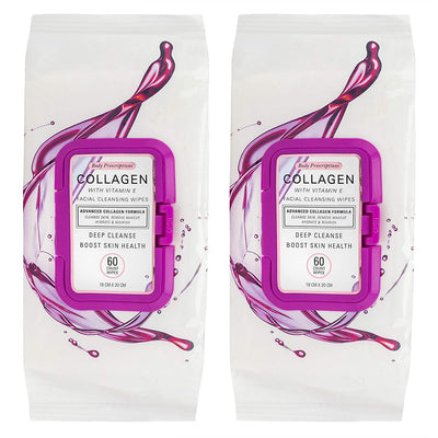 Body Prescriptions 2 Pack (60 Count Each) Collagen with Vitamin E Facial Cleansing and Make Up Remover Wipes Flip Top Pack