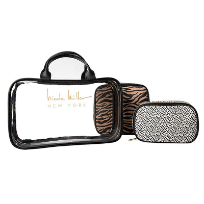 Nicole Miller Makeup Bag, Travel Toiletry Case, and 3 Piece Cosmetic Bag Set- Soft Train Bag with Smaller Makeup Organizer Bags (Animal Print)