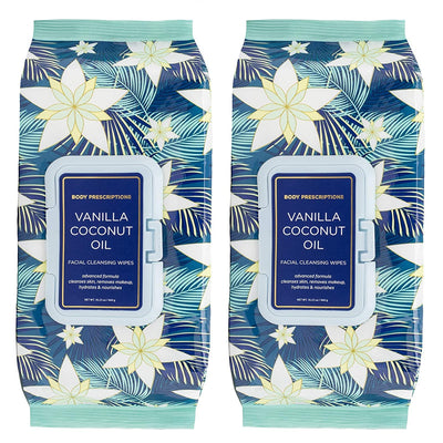 Body Prescriptions Vanilla and Coconut Oil Face Wipes & Makeup Remover Wipes - 2 Pack (60 Count Each) of Gentle Facial Cleansing Wipes Flip Top Pack