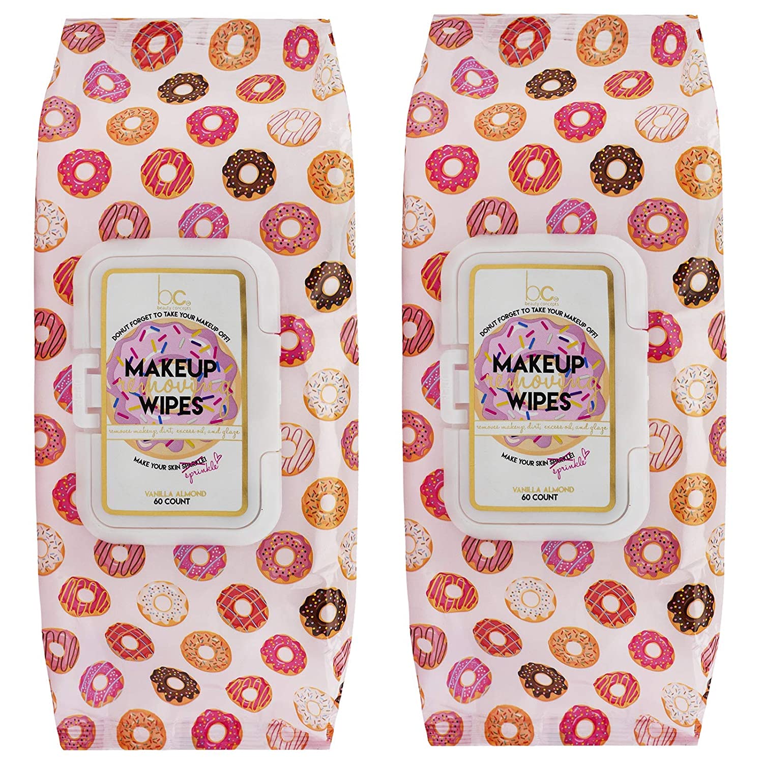 Beauty Concepts 2 Pack (60 Count Each) Vanilla Almond ÒDonut Forget to Remove your MakeupÓ Facial Cleansing Wipes Ð Detoxifies Skin and Removes Makeup Ð Flip Top Pack