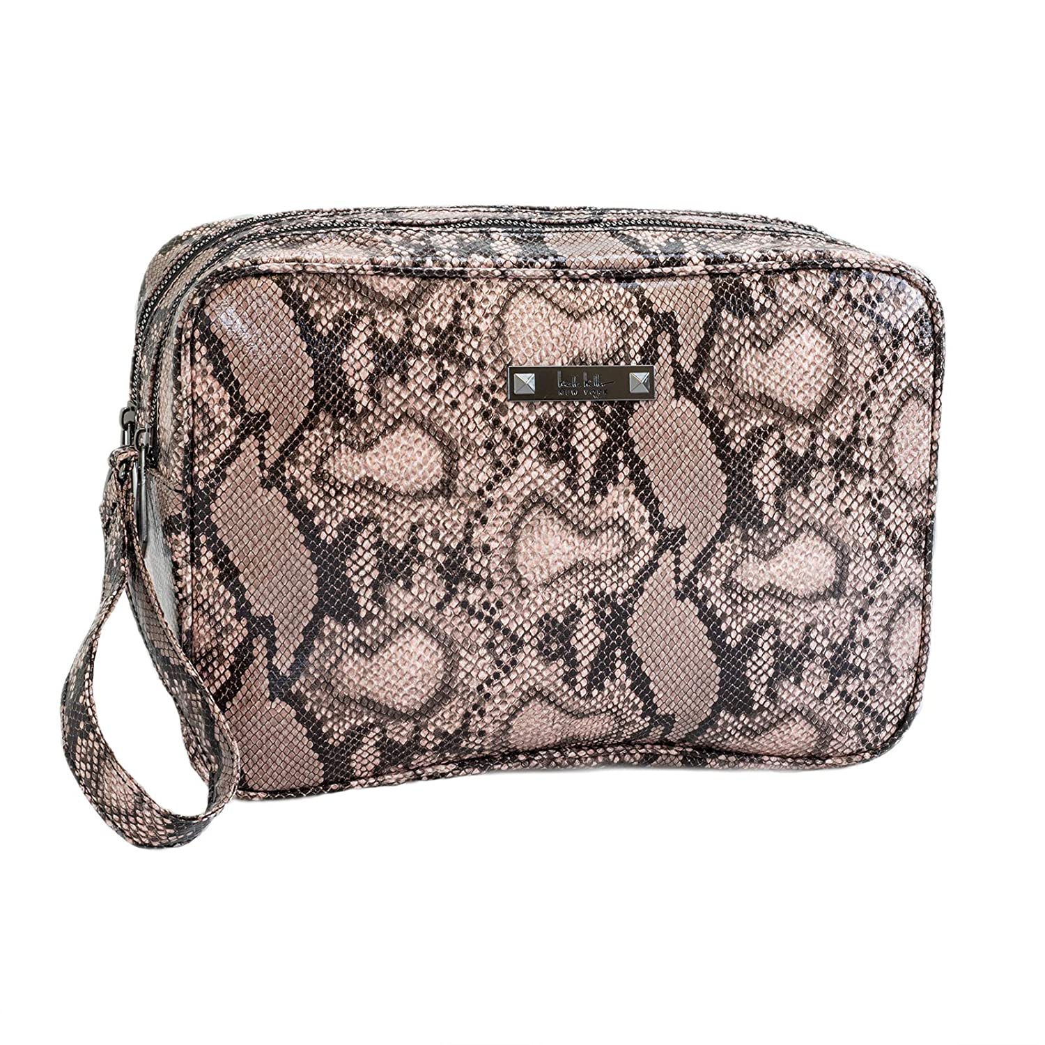 Nicole Miller Makeup Bag, Travel Toiletry Bag, and Cosmetic Bag- Pink Faux Leather Snakeskin Print (Large 2 Zip Bag)