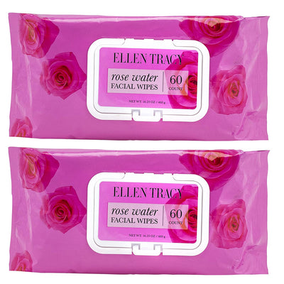 Ellen Tracy 2 Pack (60 Count Each) Face Wipes and Makeup Remover Wipes - Gentle, Facial Cleansing Wipes, Lightly Scented, Flip Top Pack - (Rose Water)