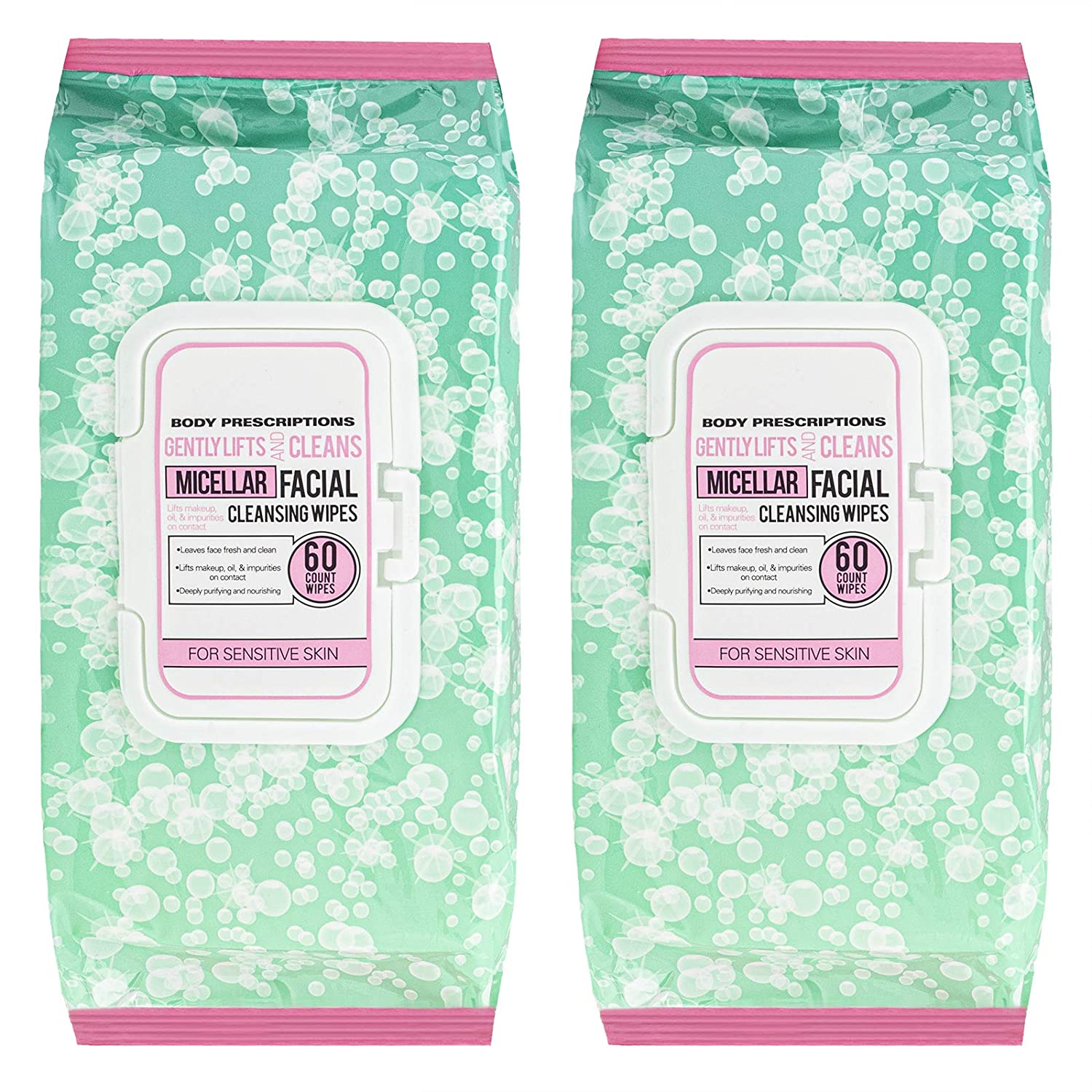 Body Prescriptions - 2 Pack (60 Count Each) Fresh and Clean Micellar Facial Cleansing Wipes