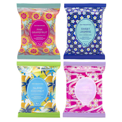 Body Prescriptions Makeup Remover Wipes Bulk, 4 Pack, 120 Facial Cleansing Cloths Removes Makeup, Mascara, Dirt and Oil (Sweet Jasmine, Rose Gardenia, Pink Grapefruit, Island Coconut)