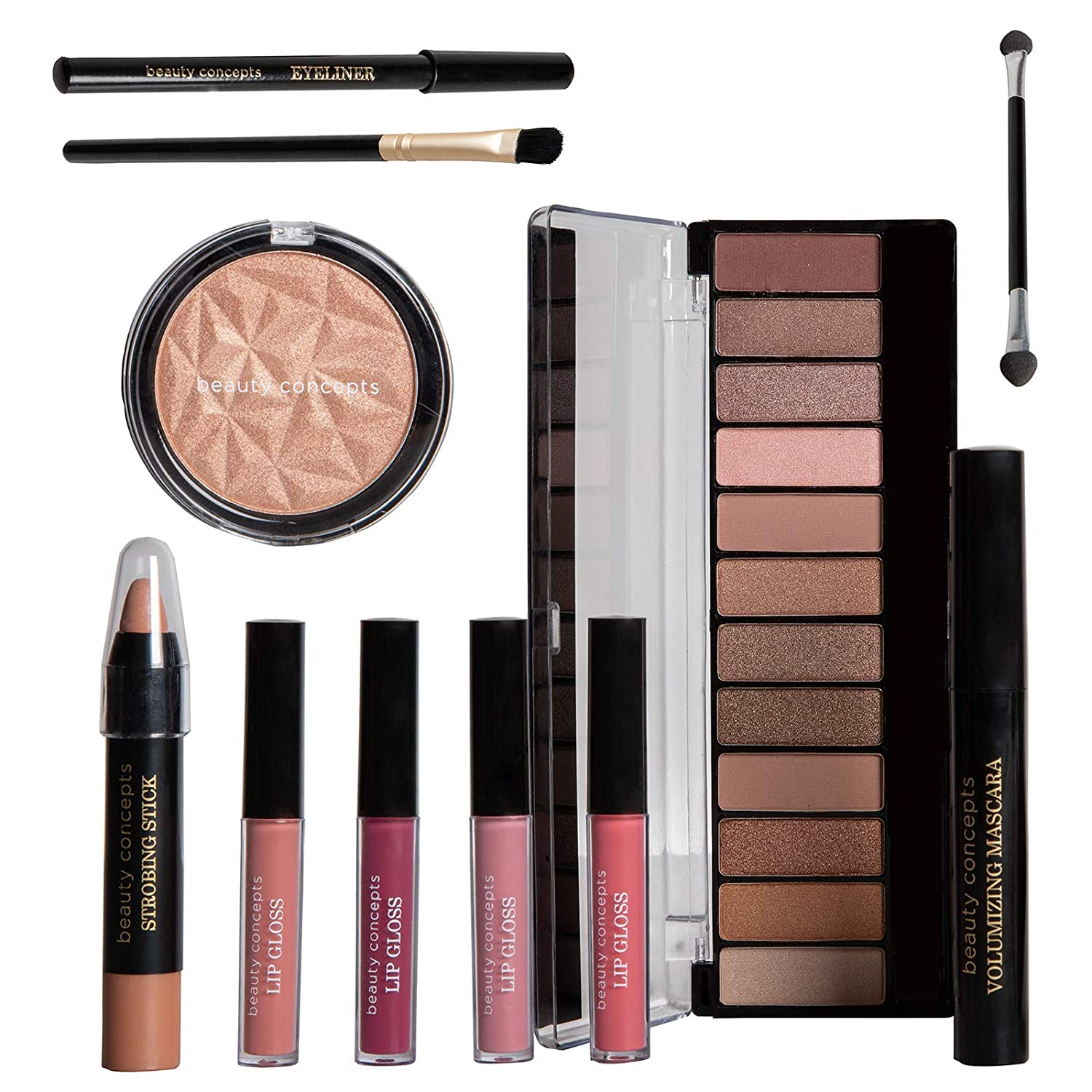 10 PC Cosmetic Collection-Eyeliner, Mascara, Lip Glosses, Highlighter, Eye Shadow and Brush by Beauty Concepts