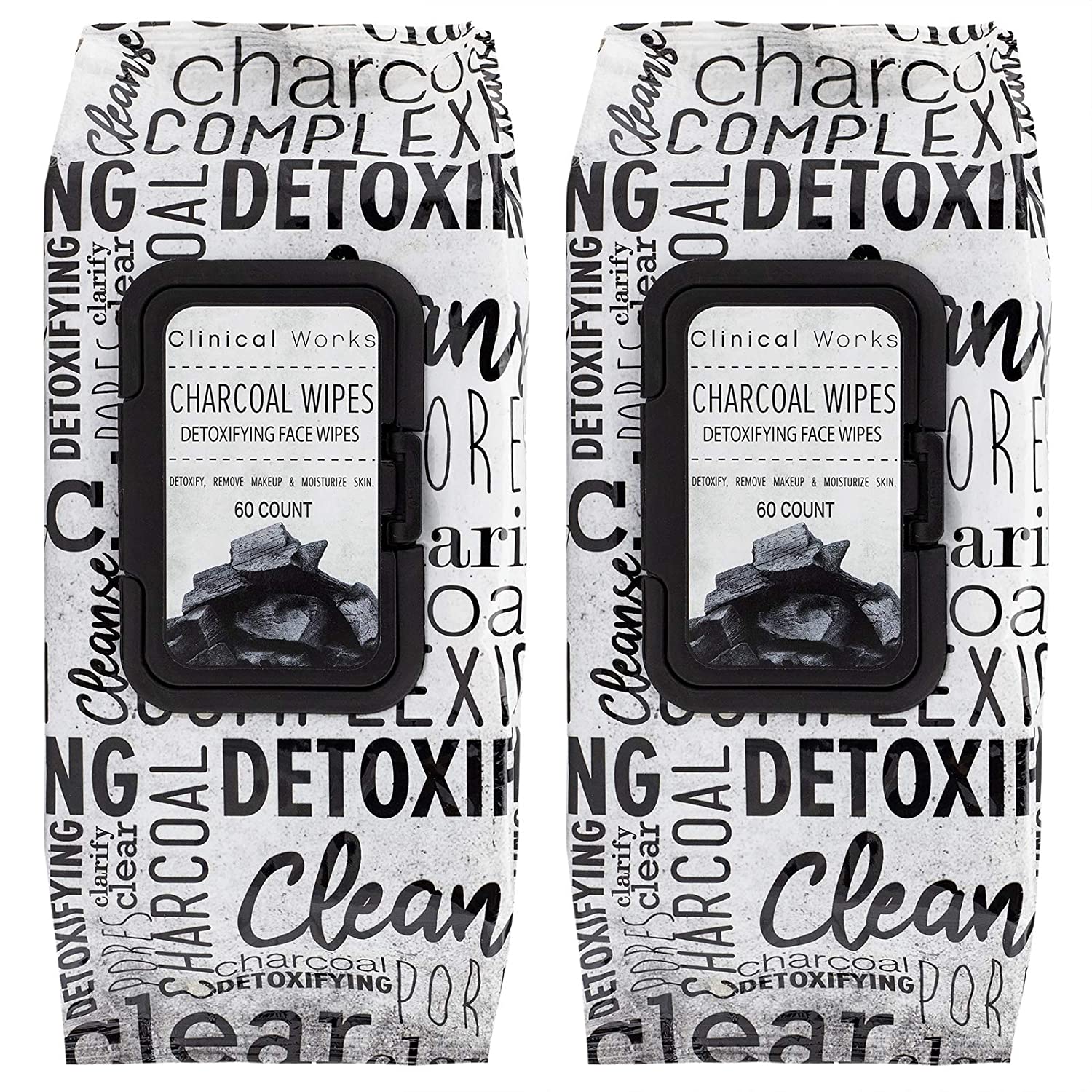 Clinical Works - 2 Pack (60 Count Each) Charcoal Detoxifying Face Wipes