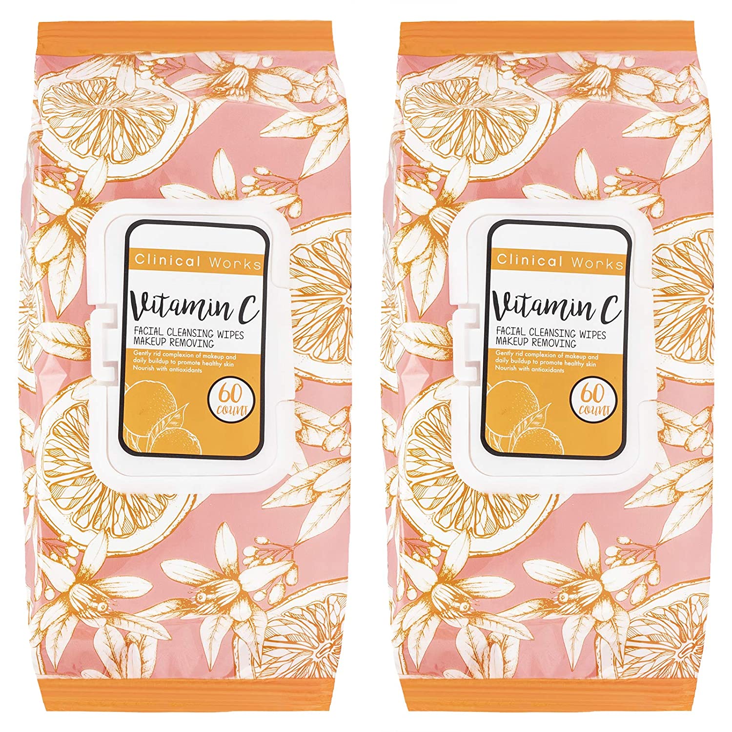 Clinical Works - 2 Pack (60 Count Each) Vitamin C Facial Cleansing Wipes