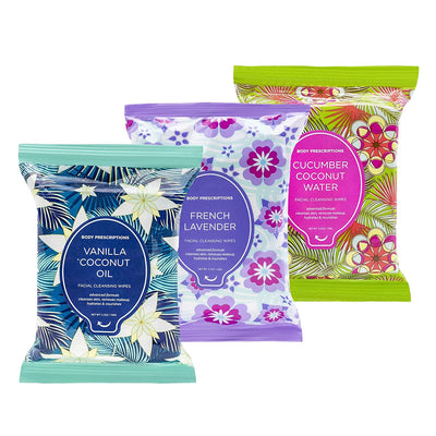 Body Prescriptions Makeup Remover Wipes Bulk, 3 Pack, 90 Facial Cleansing Cloths Removes Makeup, Mascara, Dirt and Oil (Cucumber Coconut Water, Vanilla Coconut Oil, French Lavender)