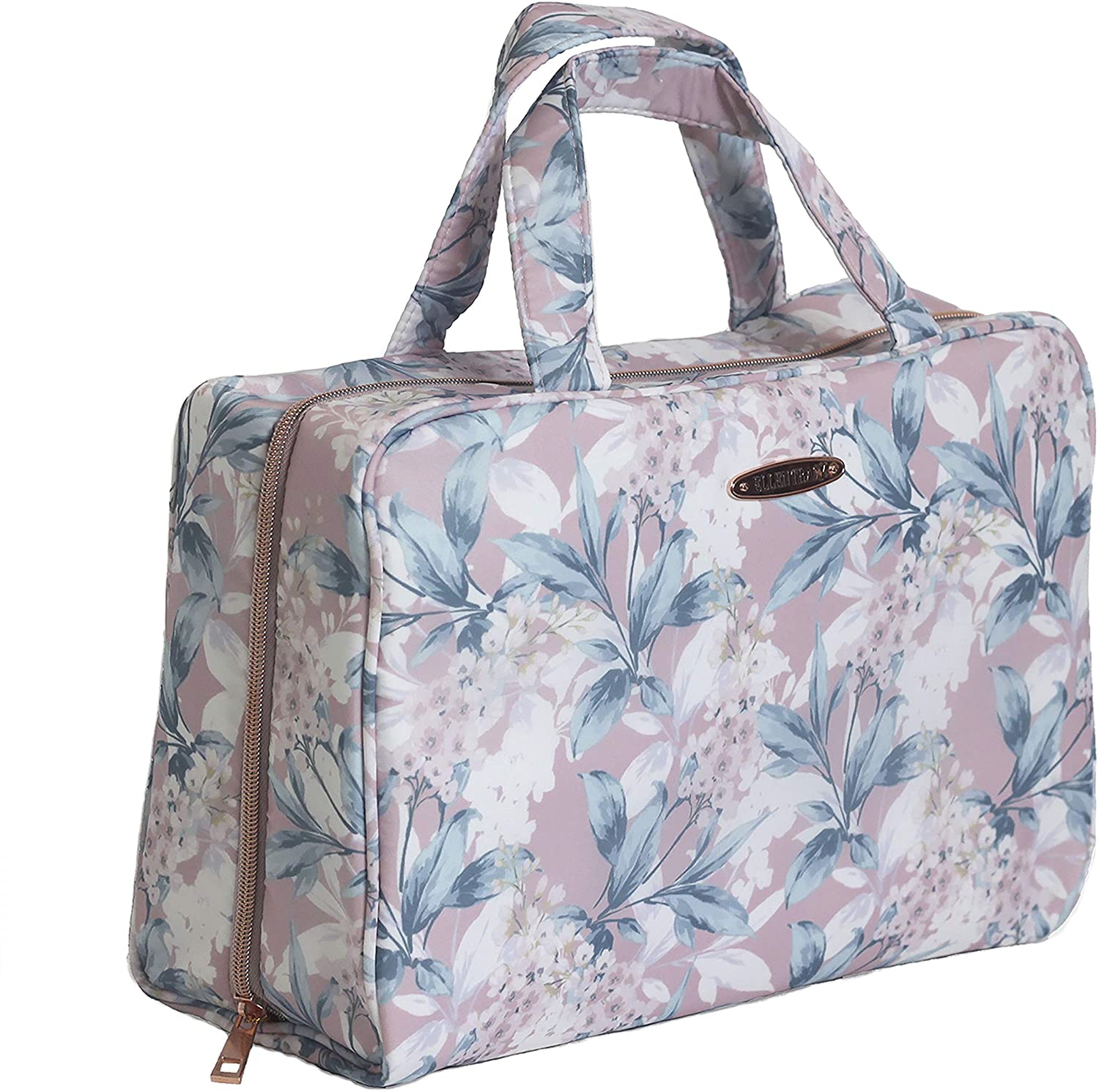Ellen Tracy Makeup Bag, Travel and Toiletry Bag, Large Cosmetic Bag with Zippered, Transparent Pockets and Handles, Foldable Makeup Bag for Home and Travel (Pale Pink & Green Flower Print)