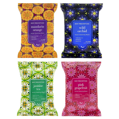Body Prescriptions Makeup Remover Wipes Bulk, 4 Pack, 120 Facial Cleansing Cloths Removes Makeup, Mascara, Dirt and Oil (Pink Grapefruit, Mandarin Orange, Jasmine Tea and Wild Orchid)