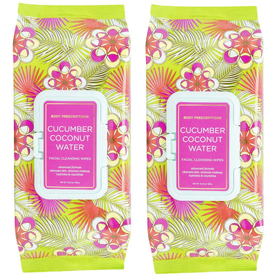 Body Prescriptions Cucumber Coconut Water Face Wipes & Makeup Remover Wipes - 2 Pack (60 Count Each) of Gentle Facial Cleansing Wipes Flip Top Pack