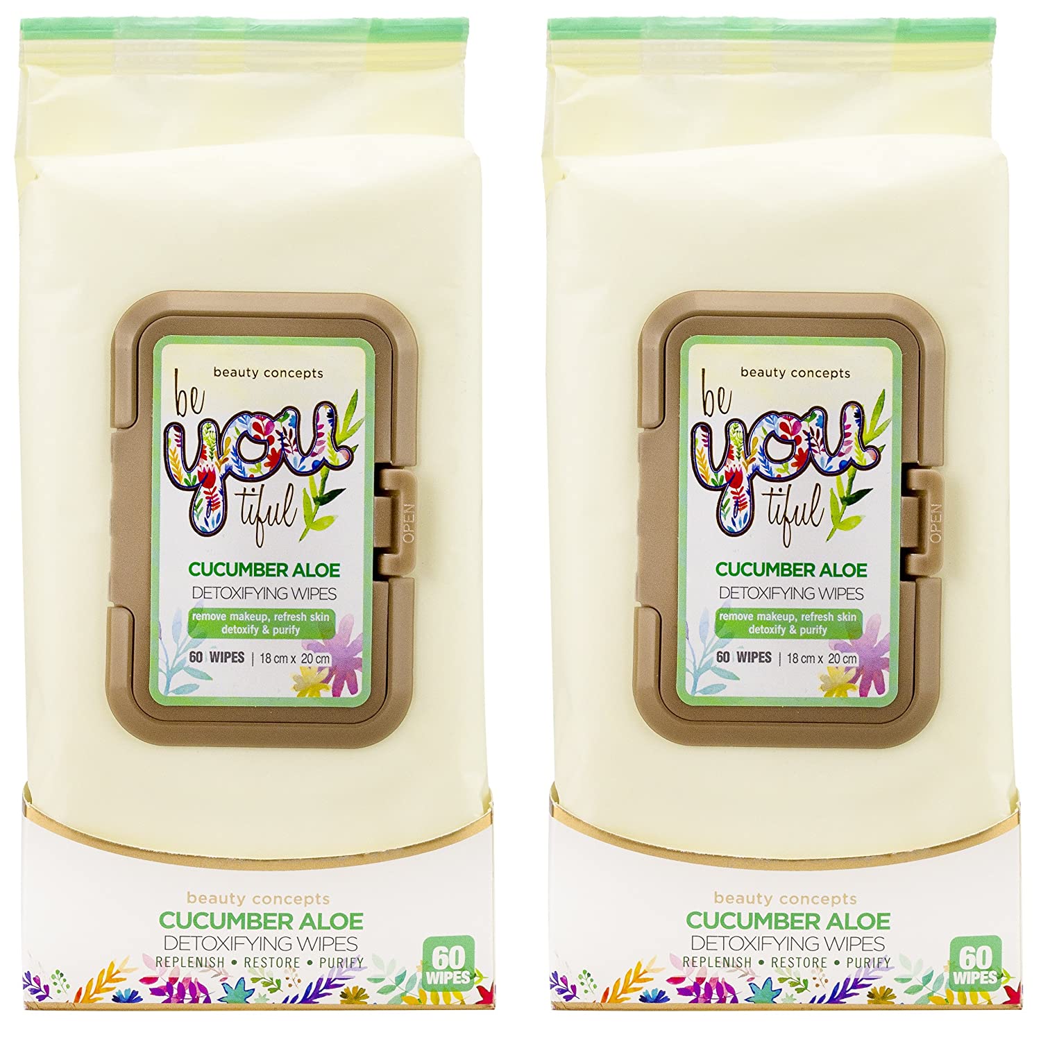 Beauty Concepts - 2 Pack (60 Count Each) Cucumber Aloe Facial Cleansing Wipes